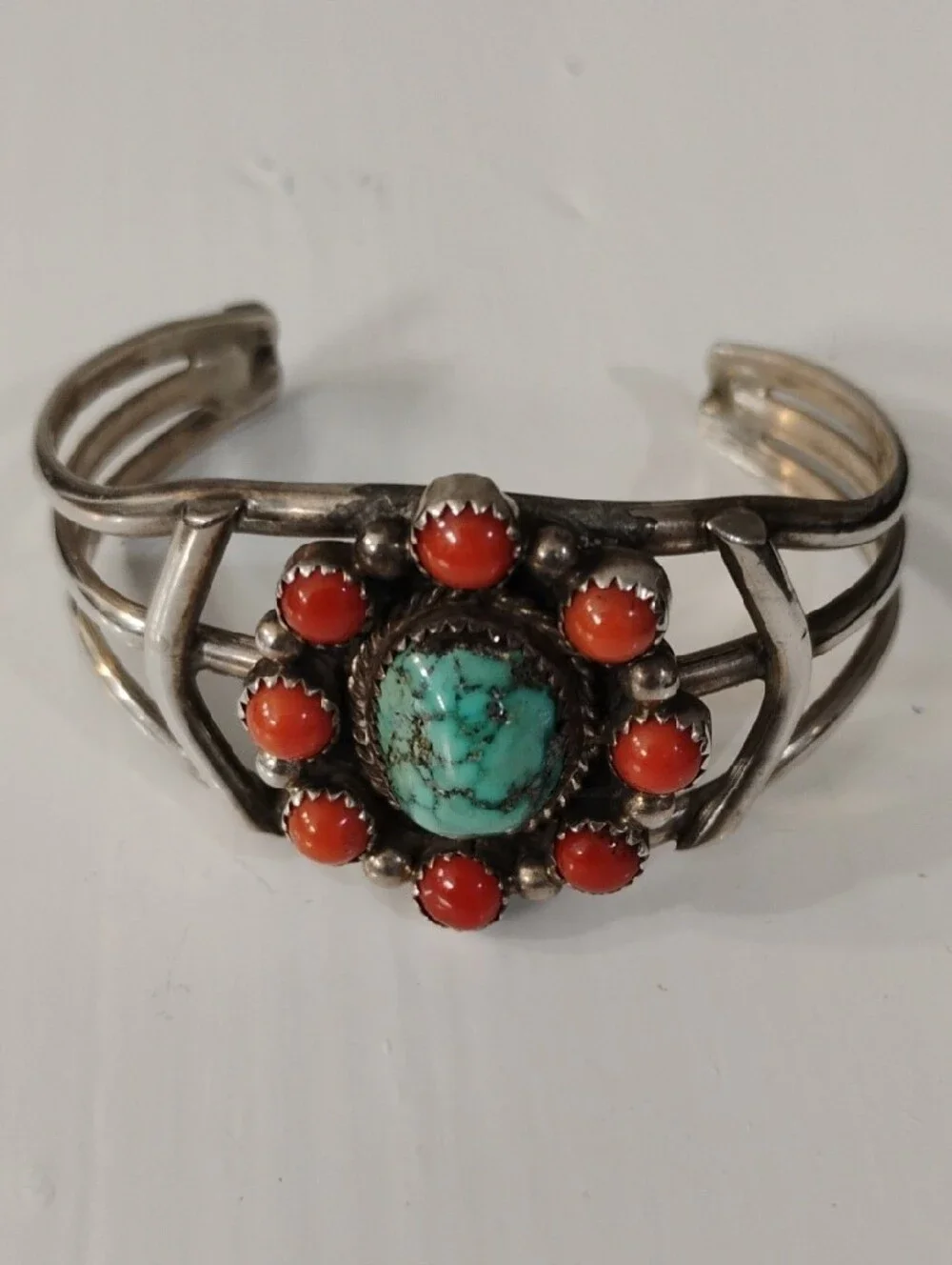 Sterling Silver Turquoise and Coral Cluster Cuff Bracelet